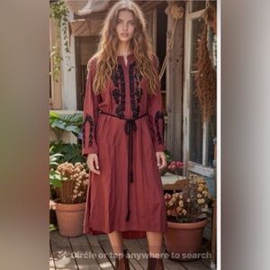 NWT EX VOTO Wine/Black Embroidered Maxi w/Tie Belt tag $289 SZ SM 100% Cotton
